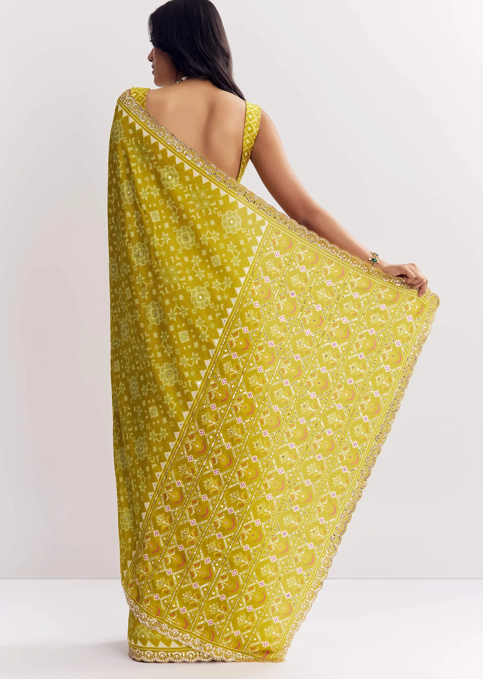 Mehendi Green Muslin Ajrakh Printed Saree With Gota And Mirror Work