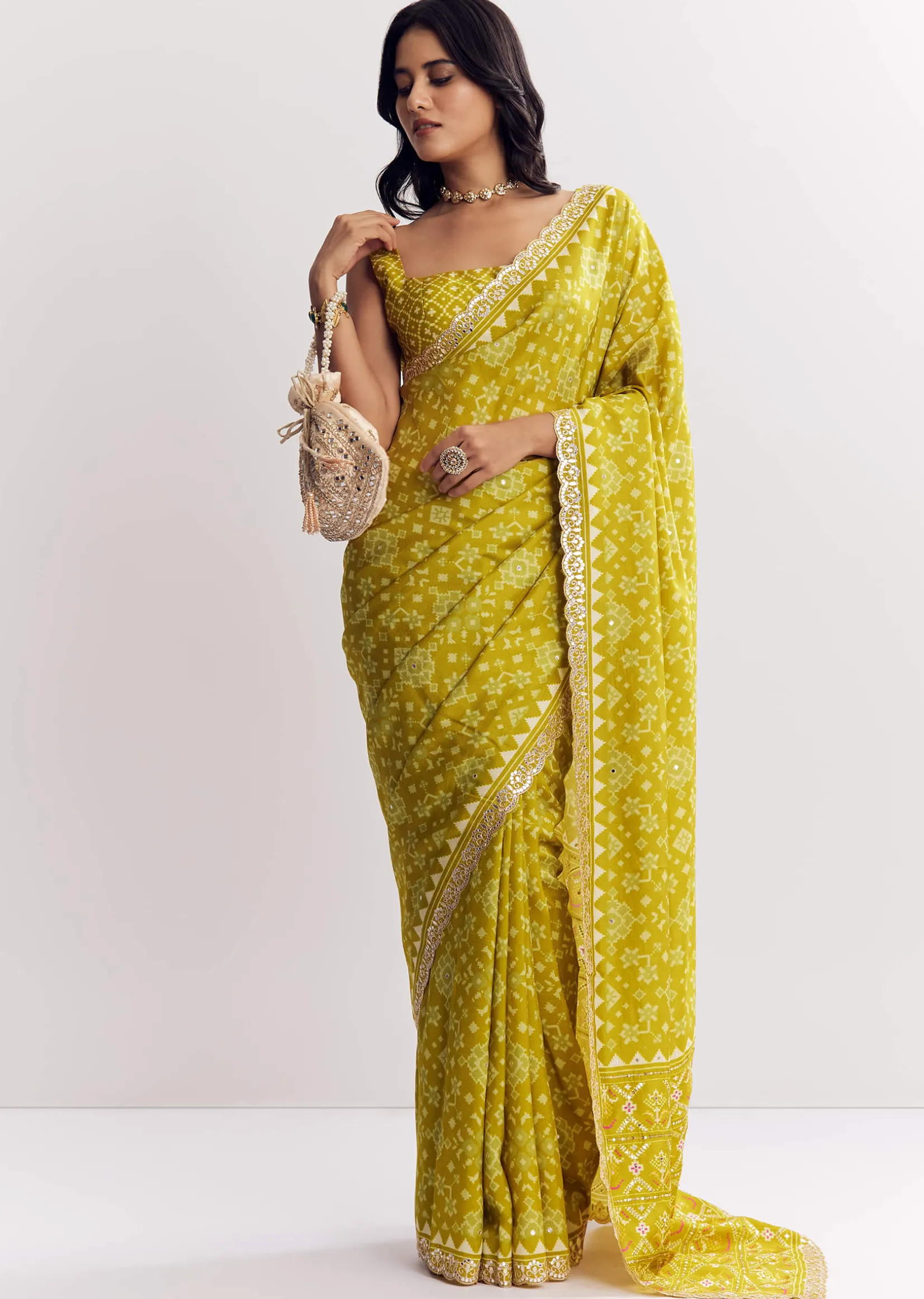 Mehendi Green Muslin Ajrakh Printed Saree With Gota And Mirror Work