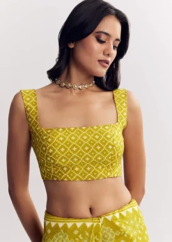 Mehendi Green Muslin Ajrakh Printed Saree With Gota And Mirror Work