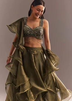 Mehendi Green Organza Choli Lehenga With Ruffled Dupatta
