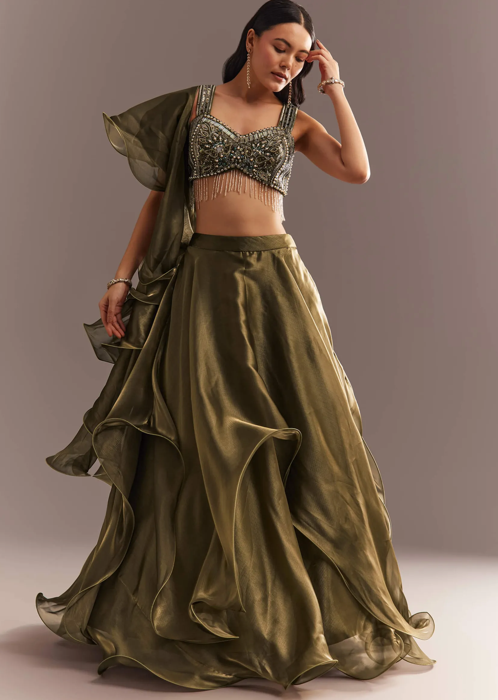 Mehendi Green Organza Choli Lehenga With Ruffled Dupatta