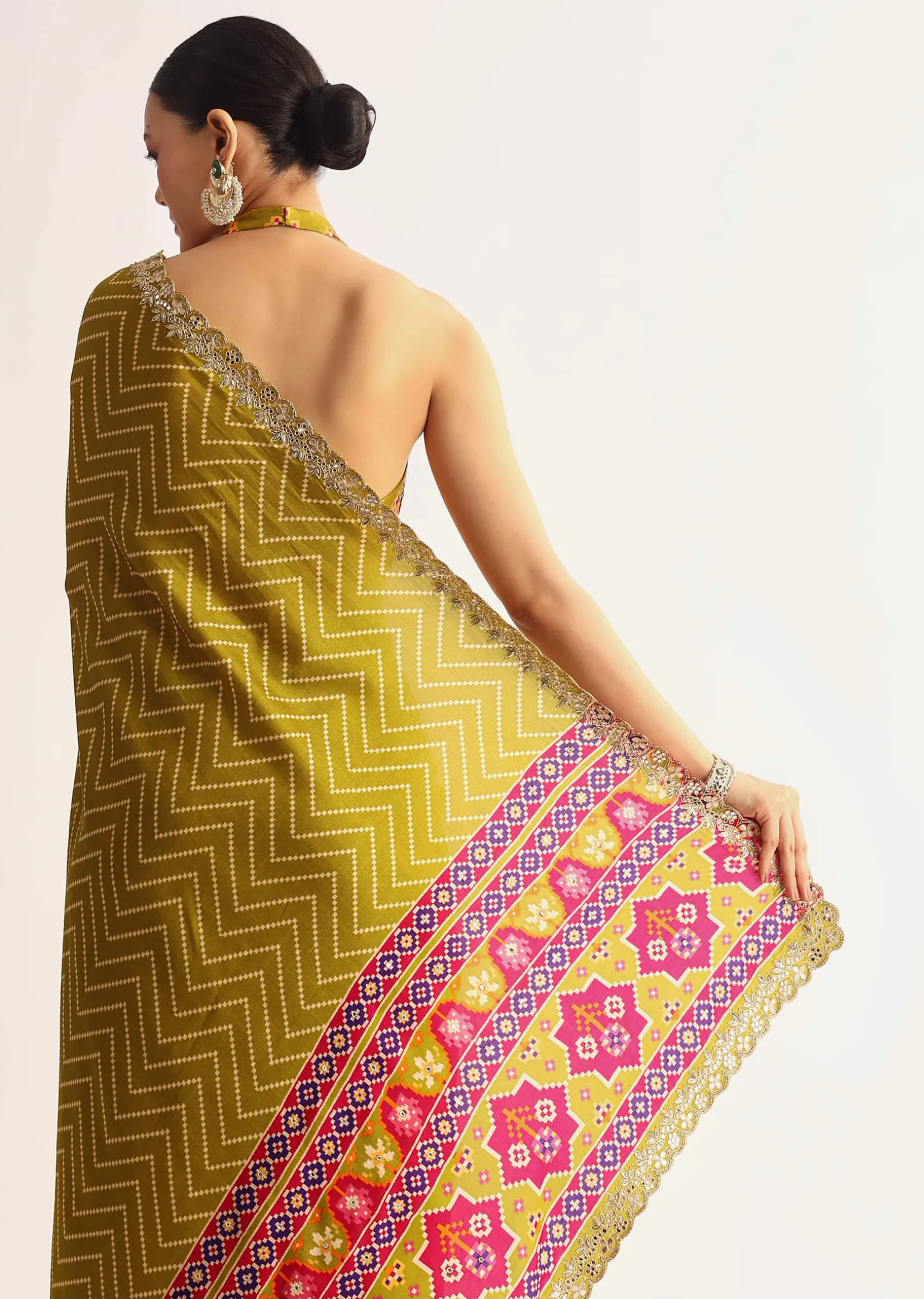 Mehendi Green Patola Printed Satin Saree With Scallop Embroidered Border
