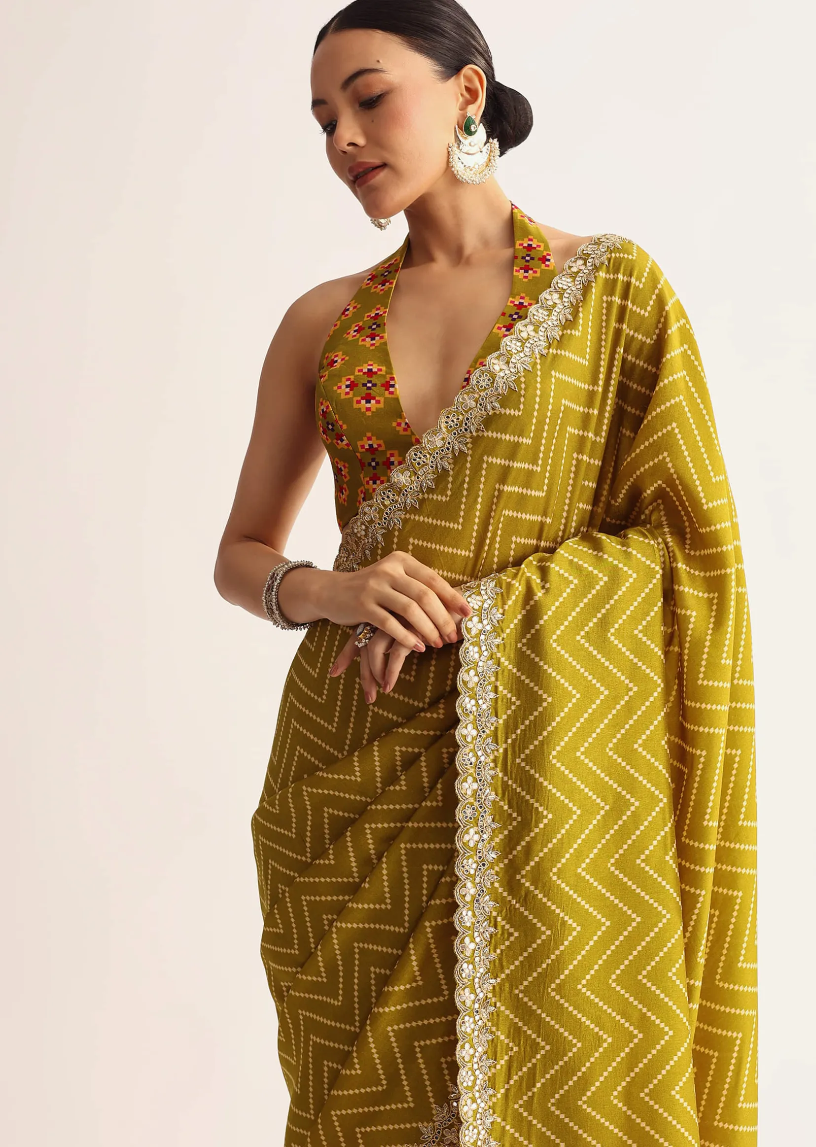 Mehendi Green Patola Printed Satin Saree With Scallop Embroidered Border