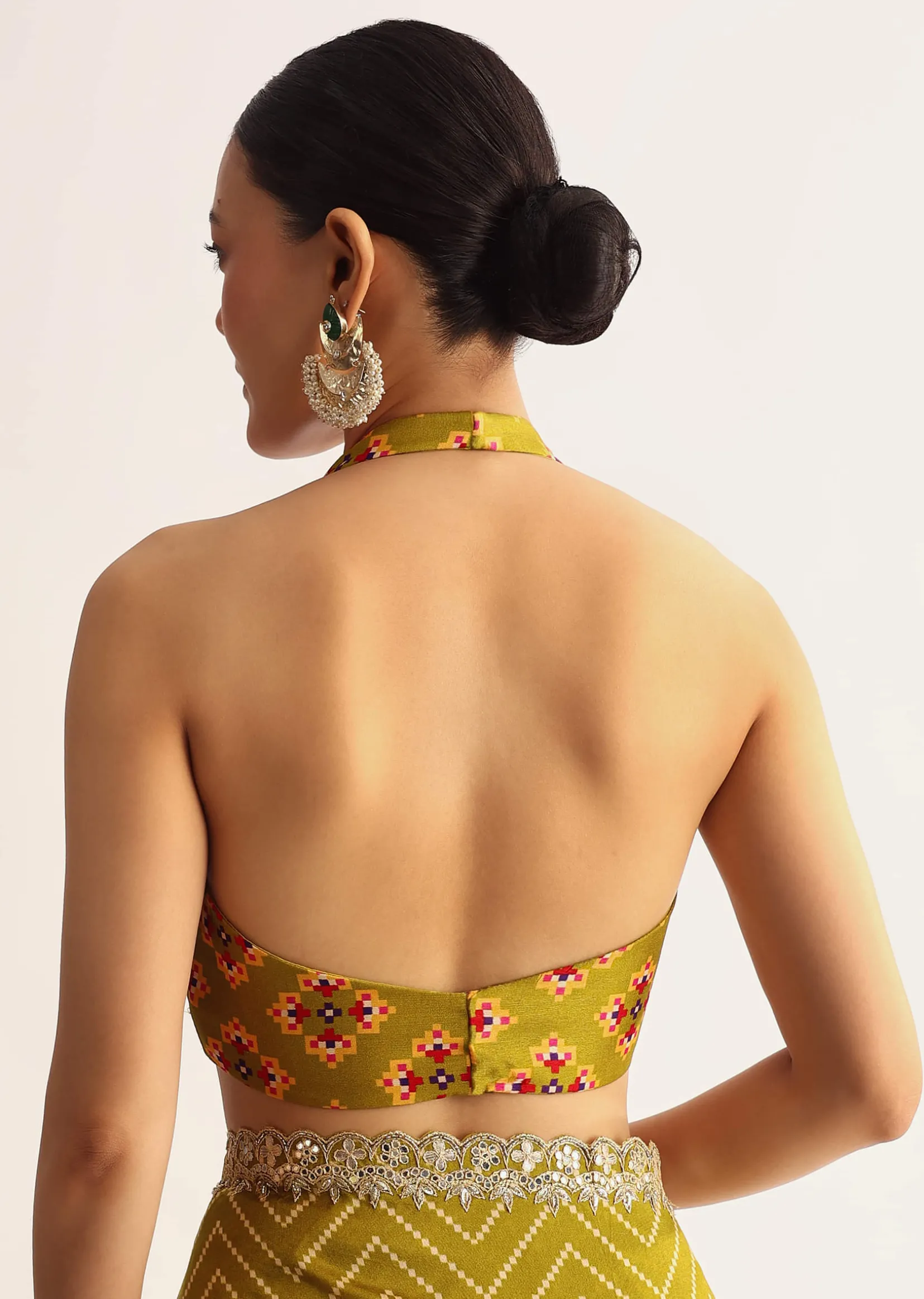 Mehendi Green Patola Printed Satin Saree With Scallop Embroidered Border