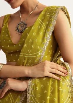 Mehendi Green Patola Printed Georgette Saree With Scallop Border