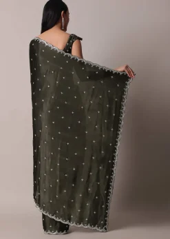 Mehendi Green Saree In Satin Chinon With Scallop Stone Work Border And Unstitched Blouse Piece