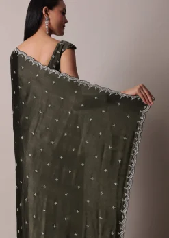 Mehendi Green Saree In Satin Chinon With Scallop Stone Work Border And Unstitched Blouse Piece