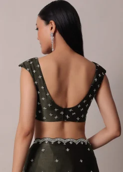 Mehendi Green Saree In Satin Chinon With Scallop Stone Work Border And Unstitched Blouse Piece