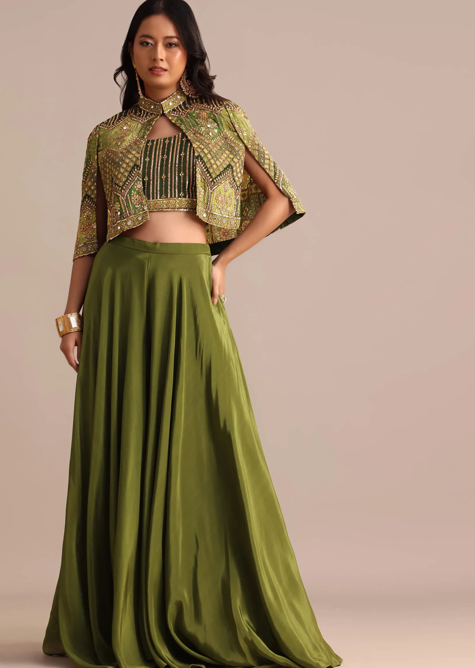 Mehendi Green Satin Palazzo Suit With Embroidered Cape