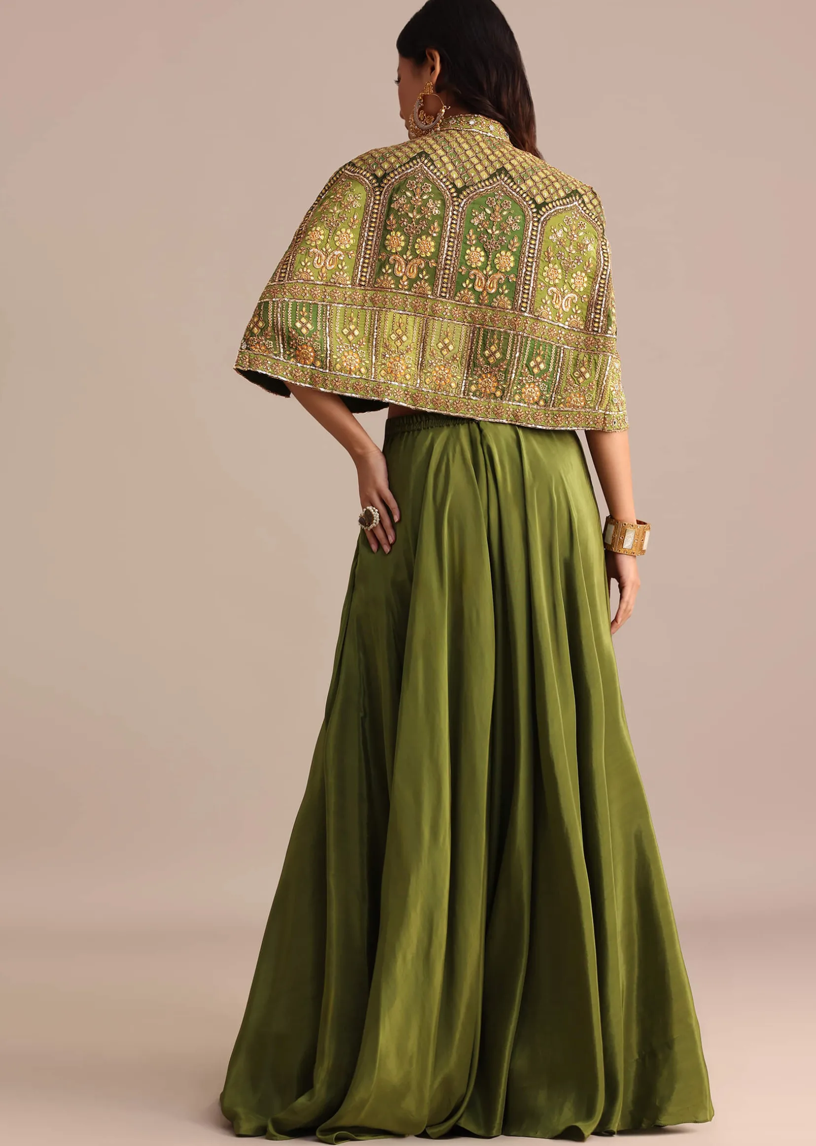 Mehendi Green Satin Palazzo Suit With Embroidered Cape