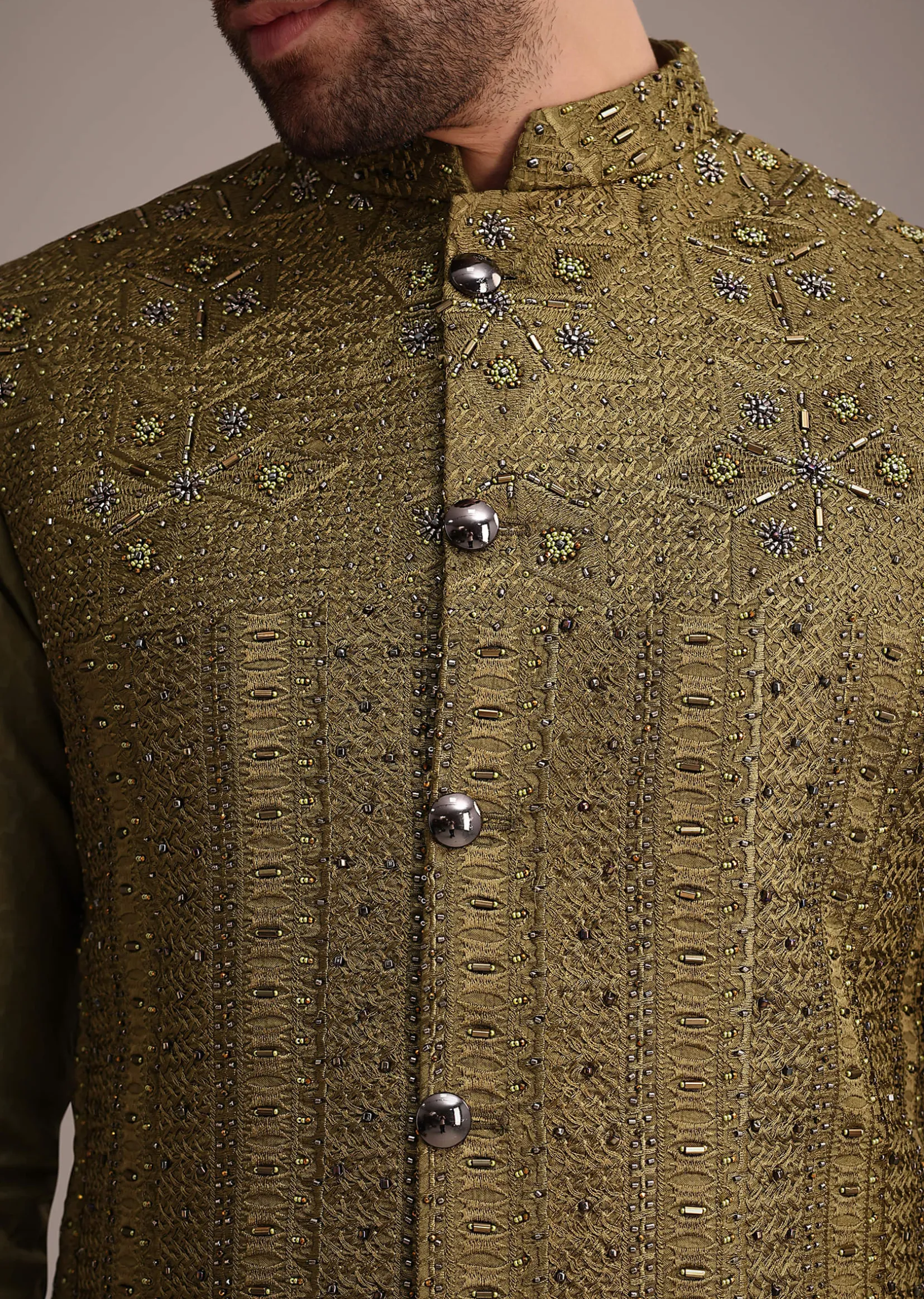 Mehendi Green Silk Kurta Jacket Set With Zardosi And Thread Work