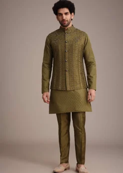 Mehendi Green Silk Kurta Jacket Set With Zardosi And Thread Work