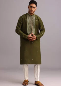 Mehendi Green Silk Kurta Pant Set With Mirror Work