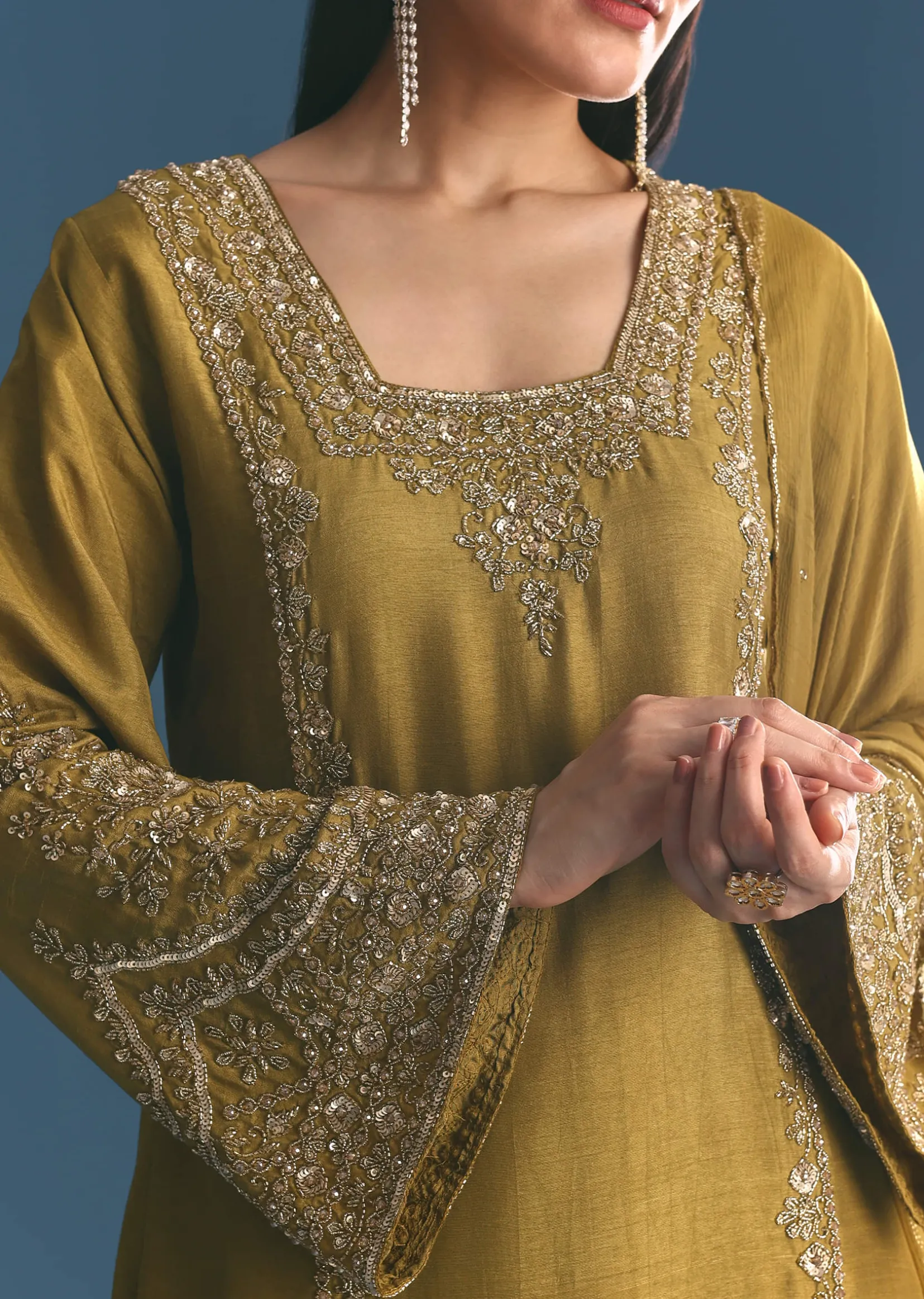 Mehendi Green Silk Sequin Kurta Palazzo Suit