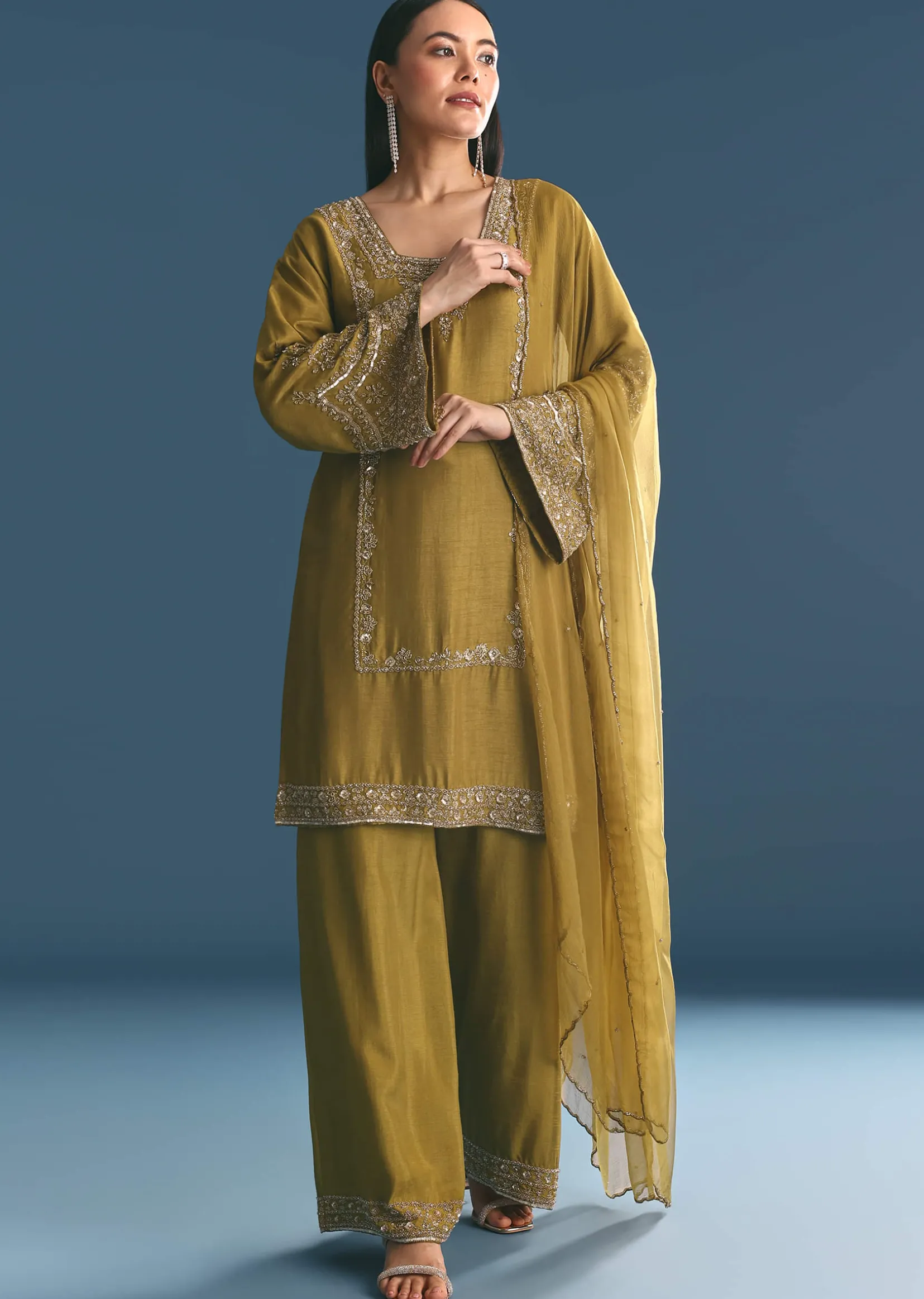 Mehendi Green Silk Sequin Kurta Palazzo Suit