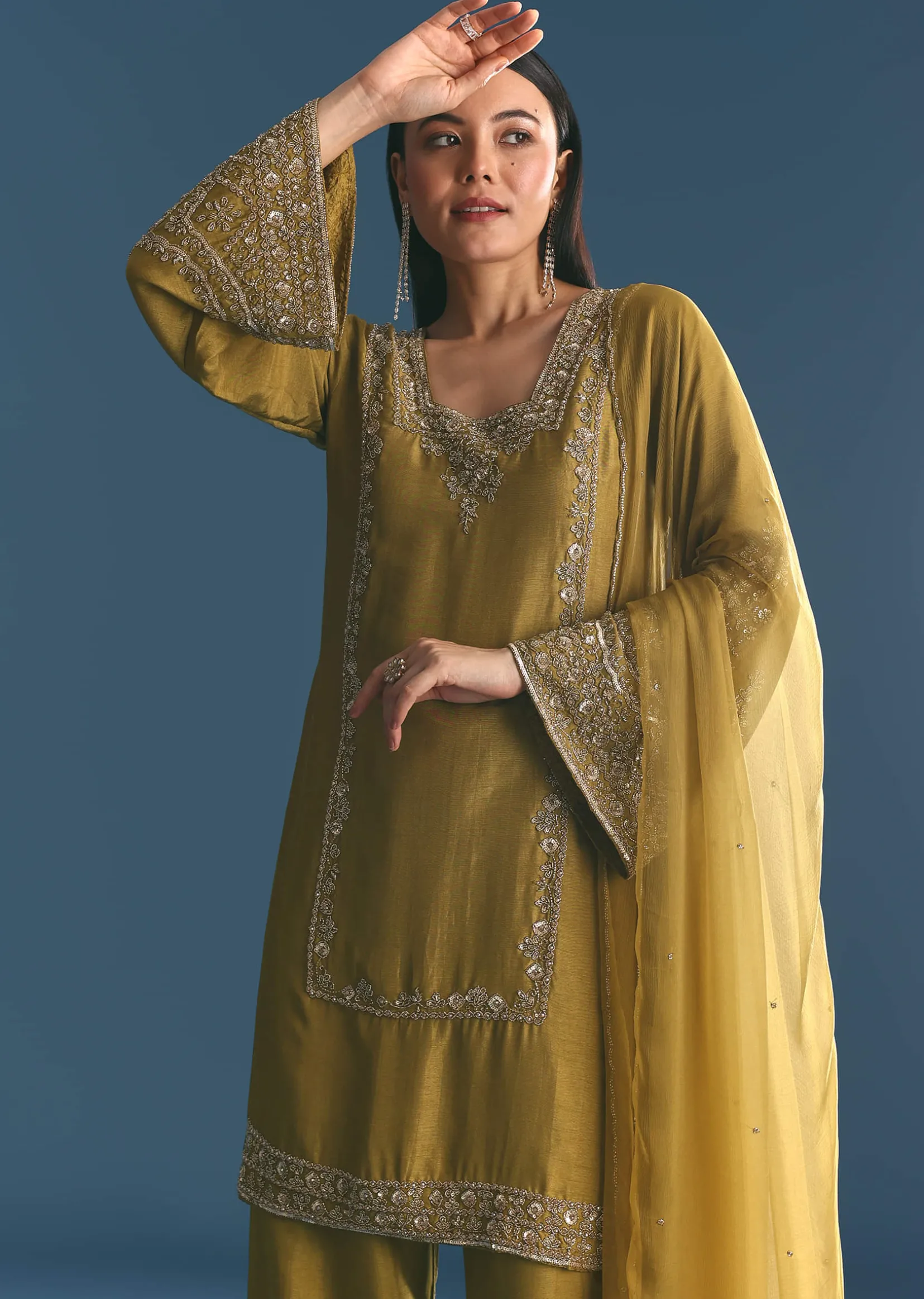 Mehendi Green Silk Sequin Kurta Palazzo Suit