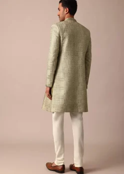 Mehendi Green Silk Sherwani With Intricate Embroidery