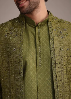 Mehendi Green Silk Zardosi Kurta Jacket Set