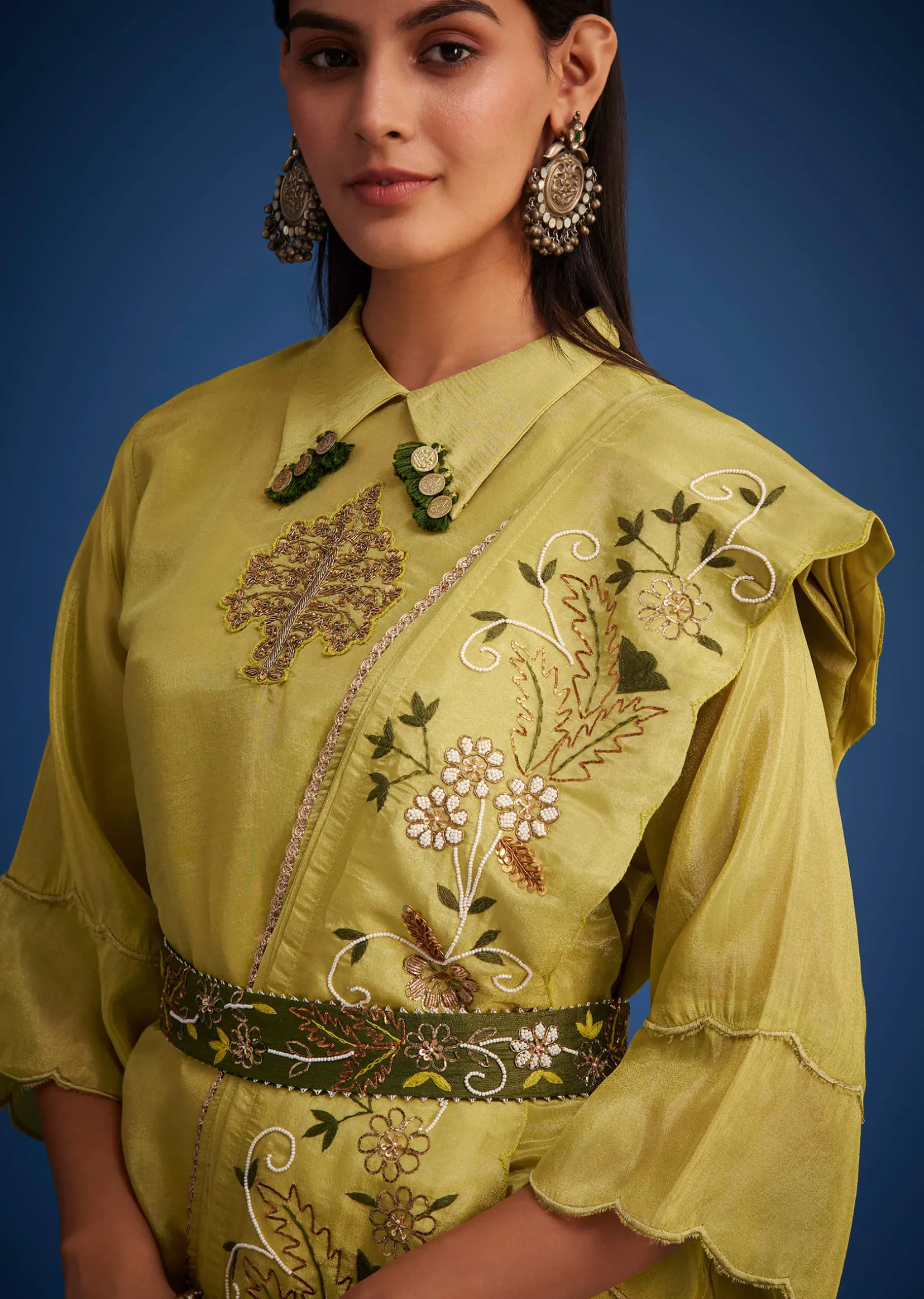 Mehendi Green Tissue Embroidered Dhoti Set