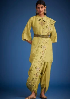 Mehendi Green Tissue Embroidered Dhoti Set