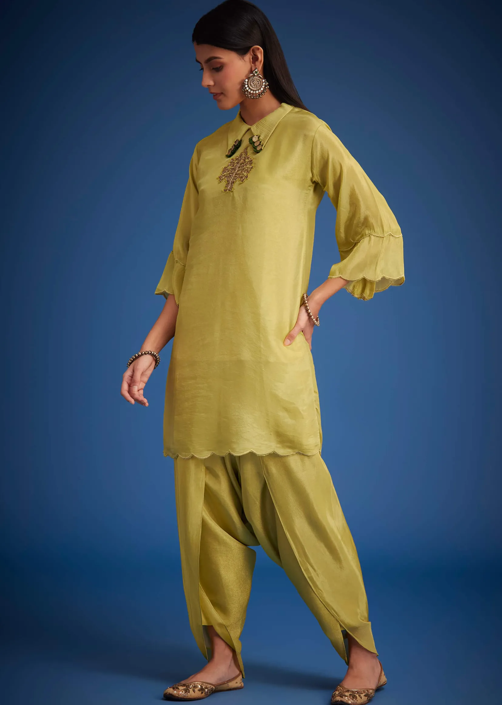 Mehendi Green Tissue Embroidered Dhoti Set