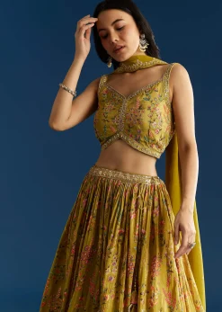 Mehendi Green Tissue Silk Lehenga With Zardosi Sequin Choli And Printed Dupatta