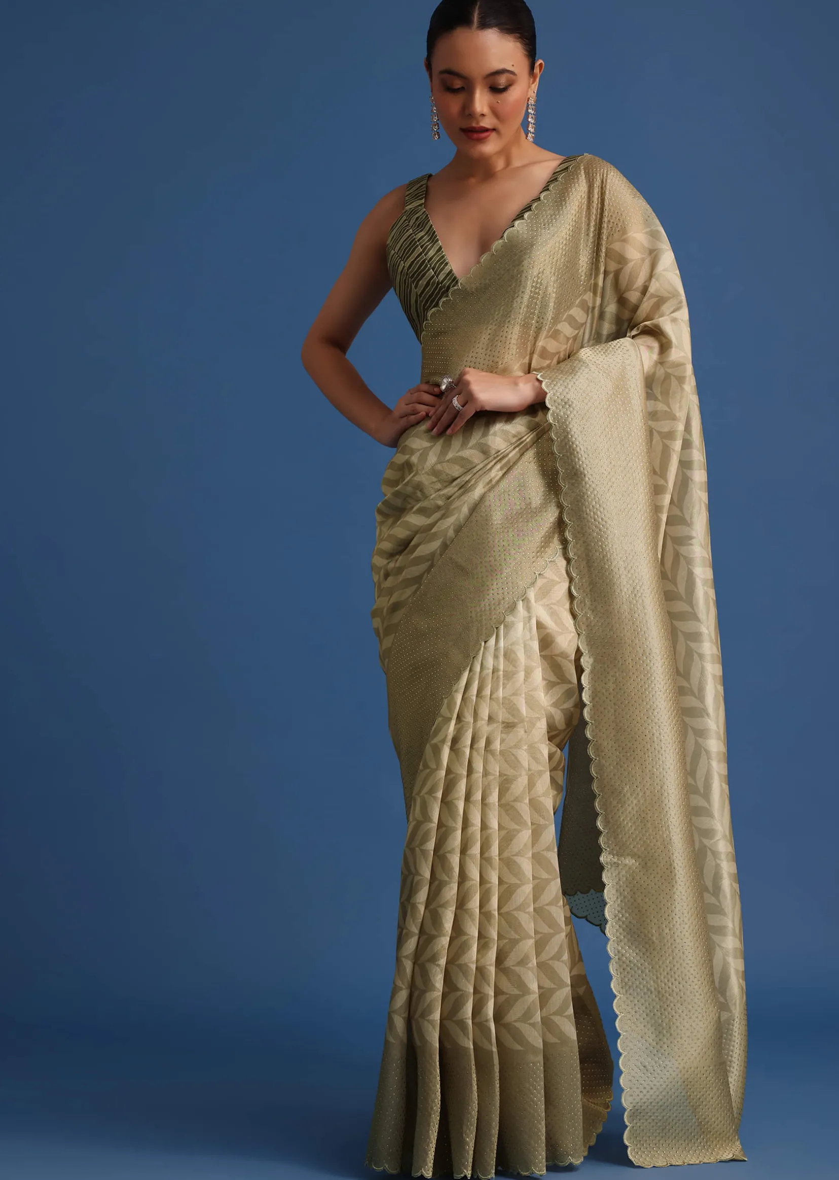 Mehendi Green Tissue Silk Saree With Stone Embroidered Border