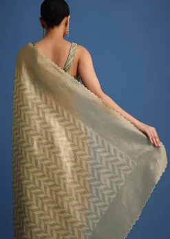 Mehendi Green Tissue Silk Saree With Stone Embroidered Border