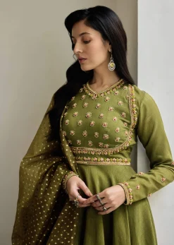 Mehendi Green Tussar Anarkali Suit With Cutdana Embroidery