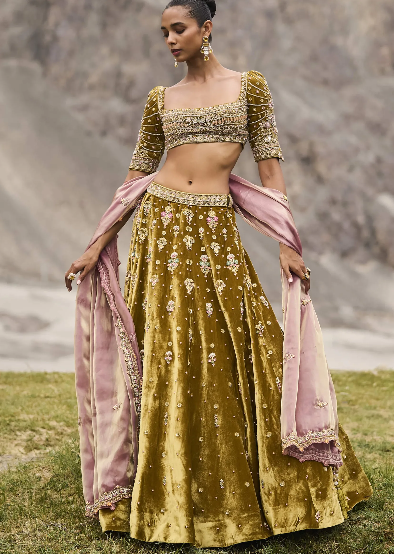 Mehendi Green Velvet Lehenga With Butti Work And Dupatta
