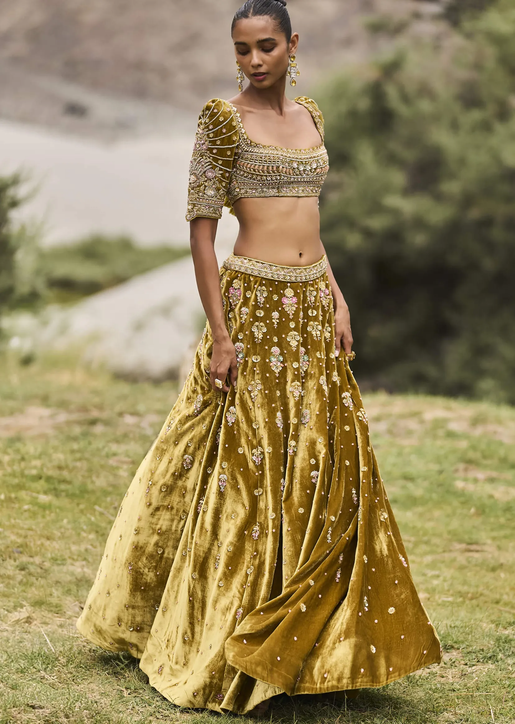 Mehendi Green Velvet Lehenga With Butti Work And Dupatta
