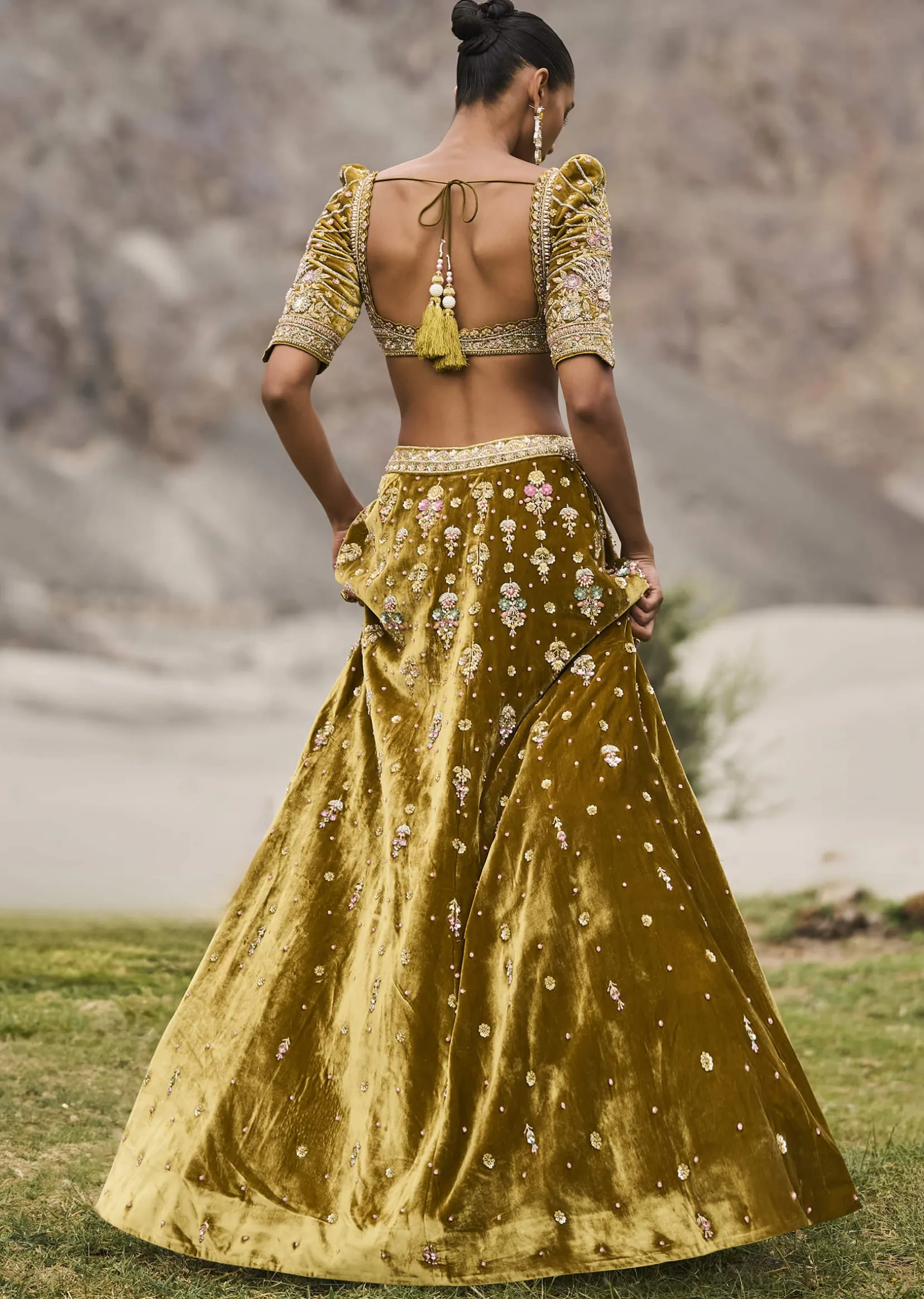 Mehendi Green Velvet Lehenga With Butti Work And Dupatta