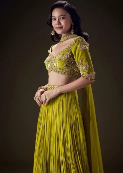 Mehendi Green Velvet Lehenga With Embellished Cross Body Blouse