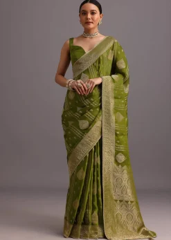 Mehendi Green Zari Woven Satin Silk Saree And Brocade Border