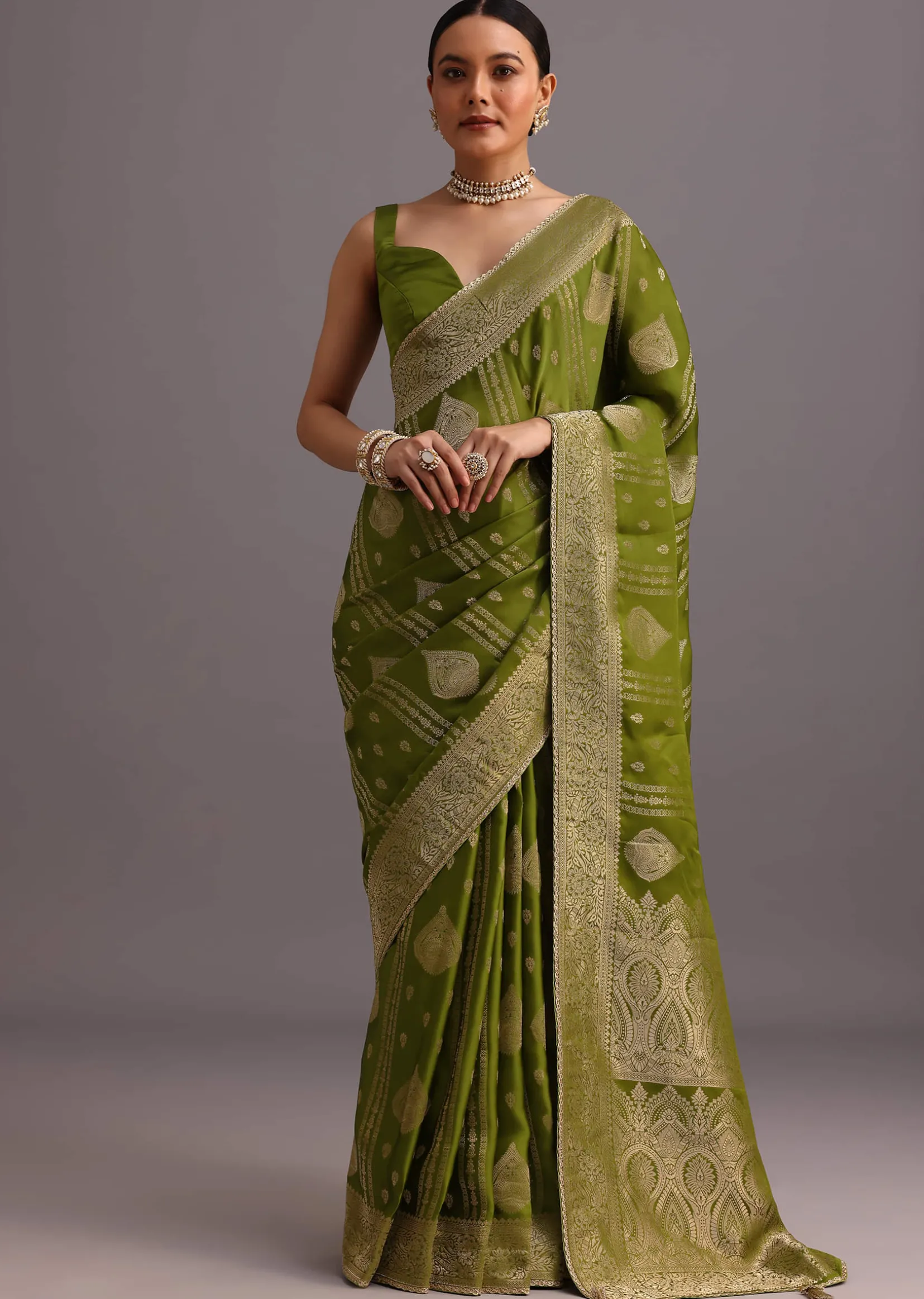 Mehendi Green Zari Woven Satin Silk Saree And Brocade Border