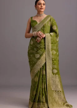 Mehendi Green Zari Woven Satin Silk Saree And Brocade Border