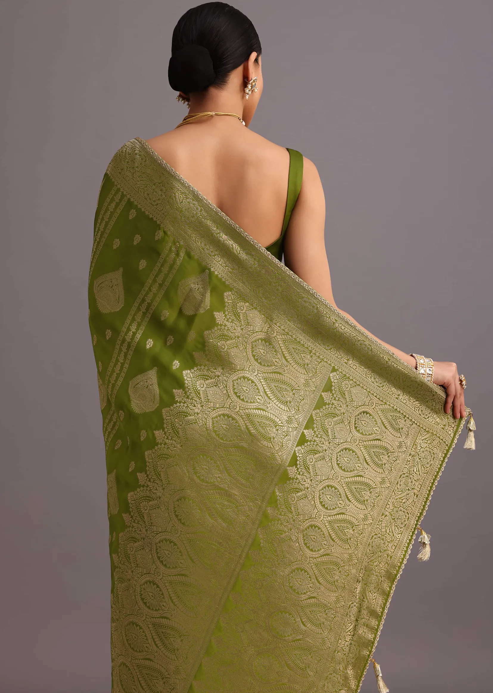 Mehendi Green Zari Woven Satin Silk Saree And Brocade Border
