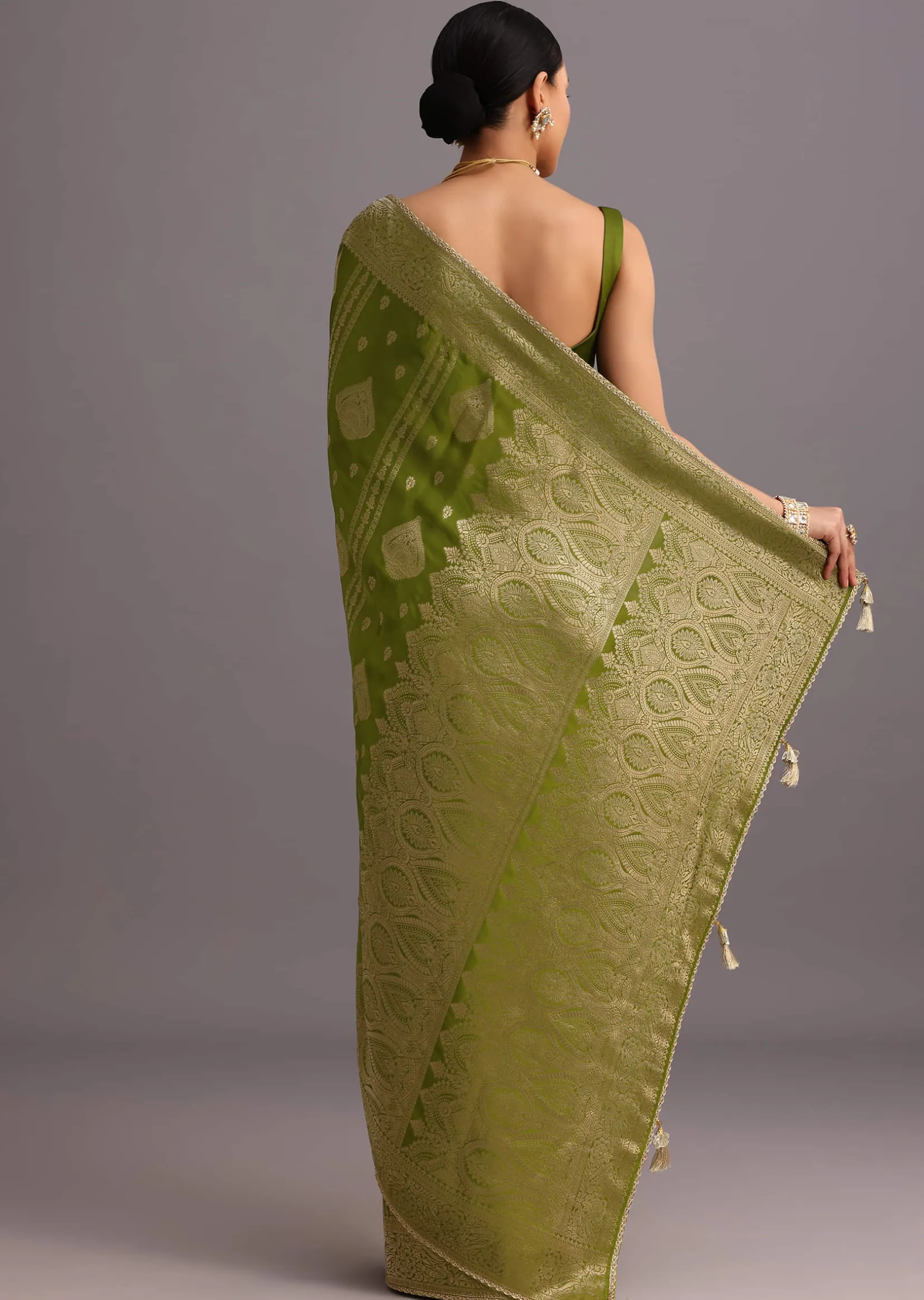 Mehendi Green Zari Woven Satin Silk Saree And Brocade Border