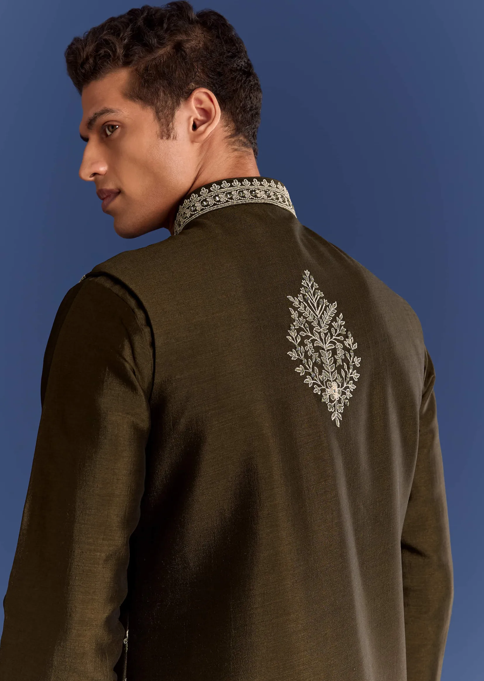 Mehndi Green Cotton Silk Kurta Jacket Set With Mirror Work