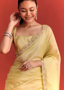 Mehndi Green Crushed Tissue Saree With Cutdana Work
