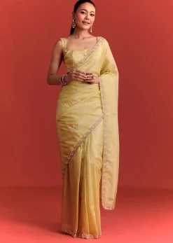 Mehndi Green Crushed Tissue Saree With Cutdana Work