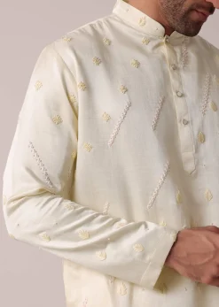 Men White Silk Kurta Set With Intricate Handwork