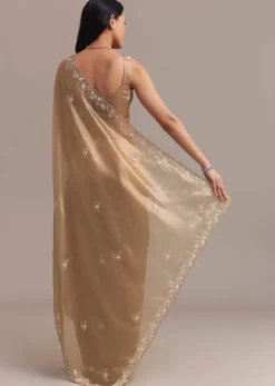 Metallic Gold Organza Tissue Saree With Cutdana And Bead Embroidery