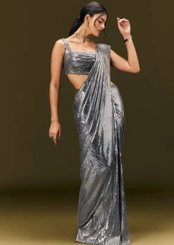 Metallic Grey Pre Stitched Sequin Saree With Cowl Neckline Blouse