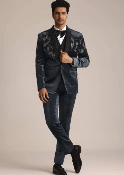 Metallic Grey Velvet Suit With Zardosi Detailing