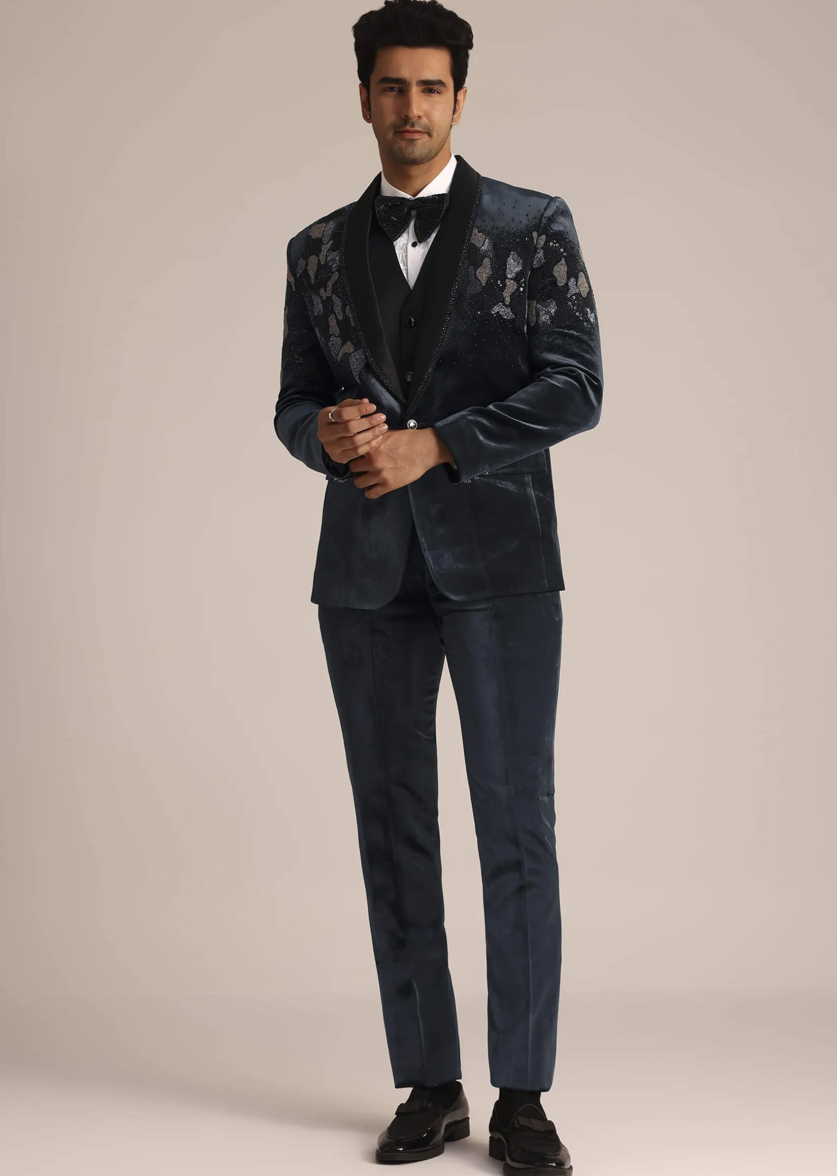 Metallic Grey Velvet Suit With Zardosi Detailing