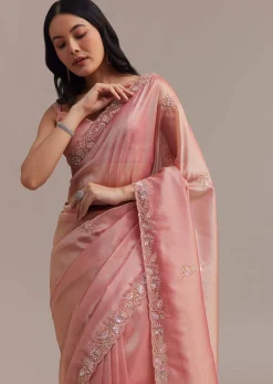 Metallic Pink Organza Tissue Saree With Cutdana And Bead Embroidery