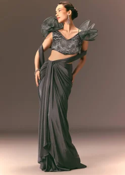 Metallic Pre Draped Saree With 3D Ruffle Blouse