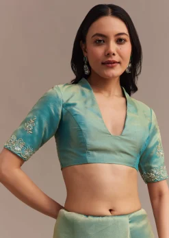 Metallic Sea Green Tissue Organza Saree With Embroidered Border