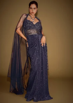 Midnight Blue Corset Gown With Drape And Embroidered Cape